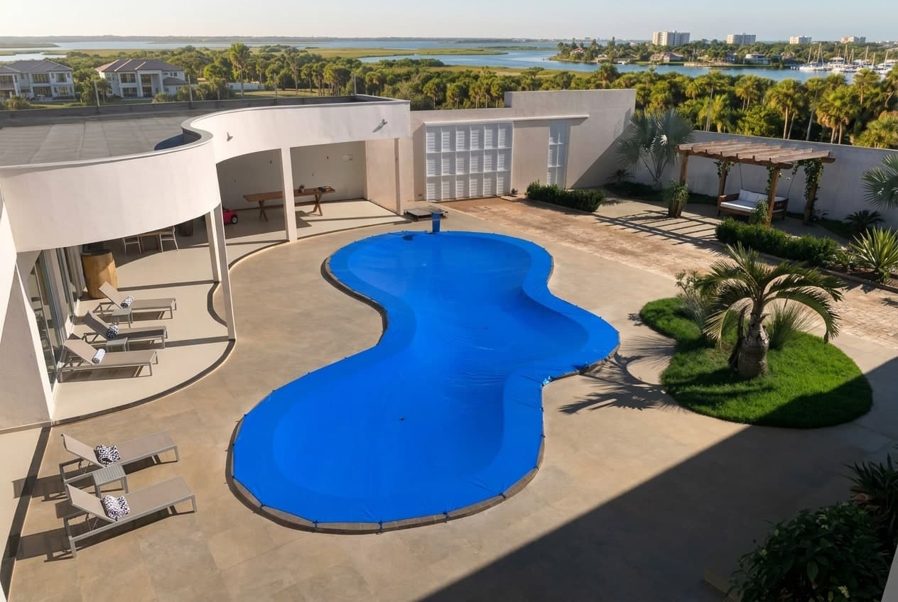 Pineapool safety cover custom-fitted to a backyard pool
