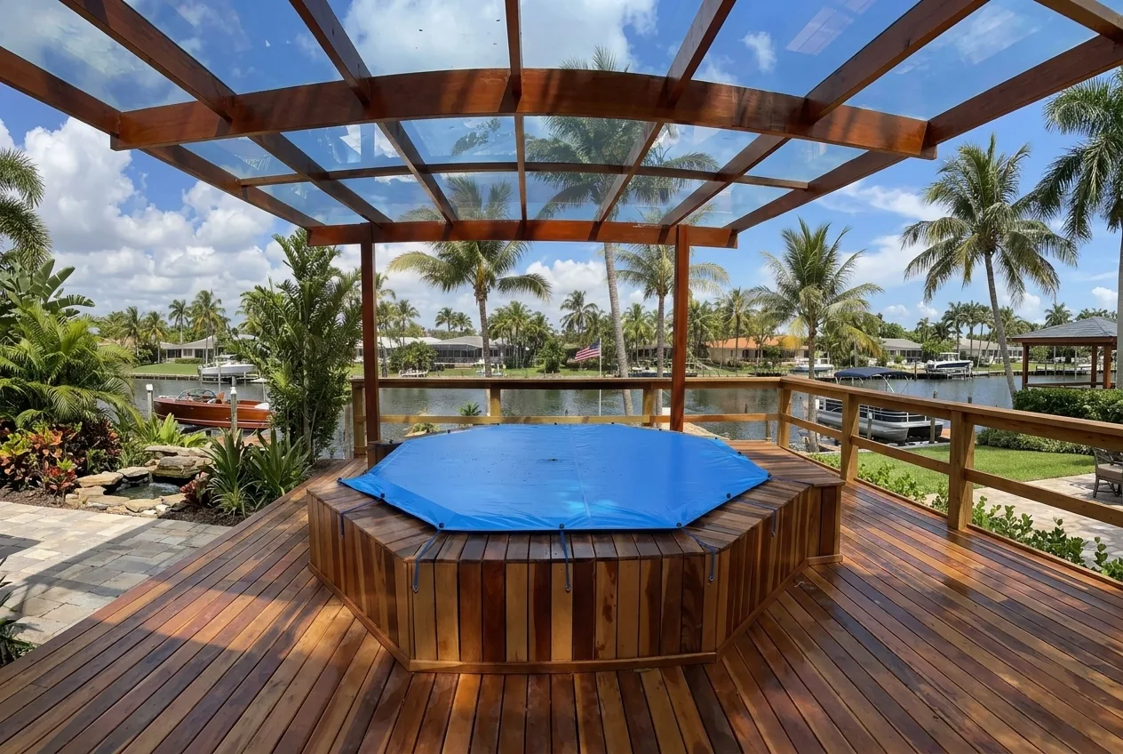 Illustrative render of a custom pool cover anchored along an outdoor deck