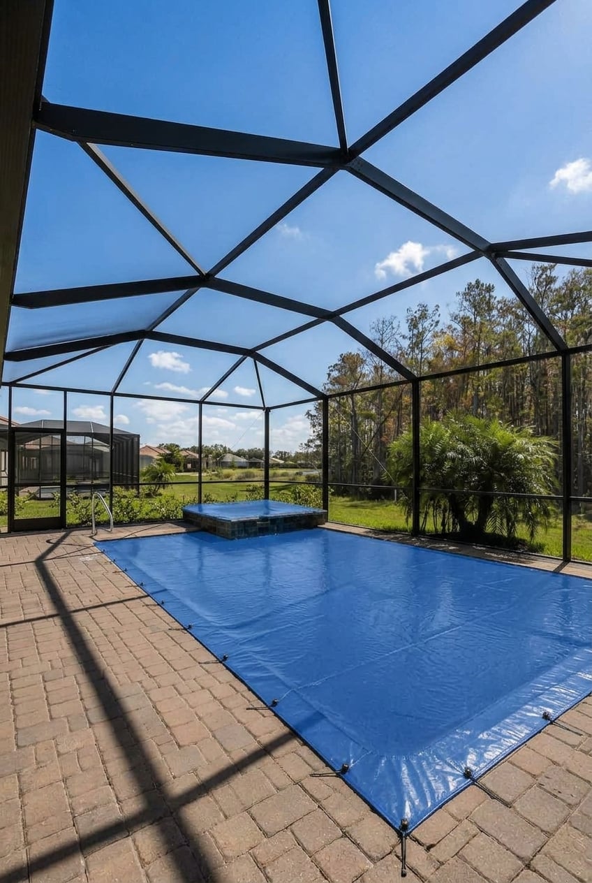 Pineapool walk-on safety cover installed on a screened Florida lanai pool with a spa, backing onto a wooded lot